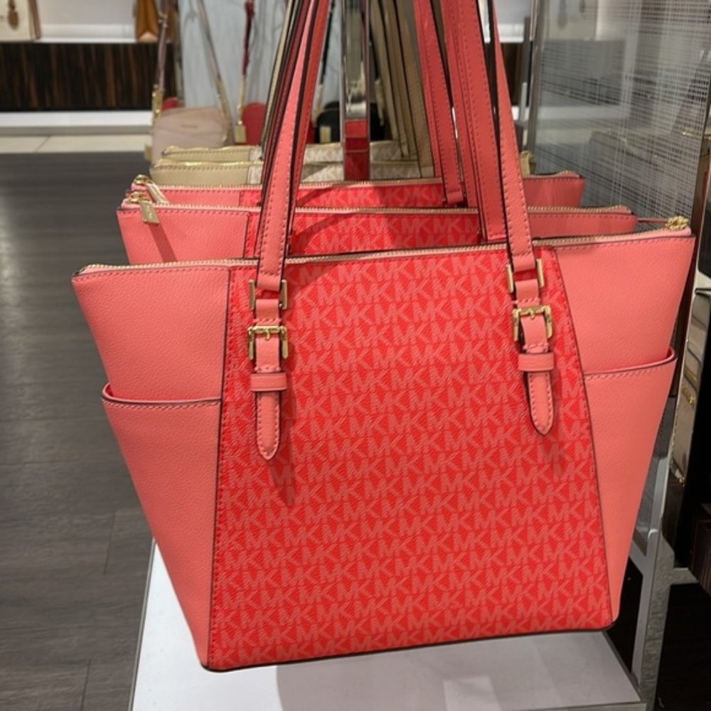 Michael Kors Charlotte Large Logo and Leather Top-Zip Tote Bag Coral Reef Multi - Picture 16 of 16